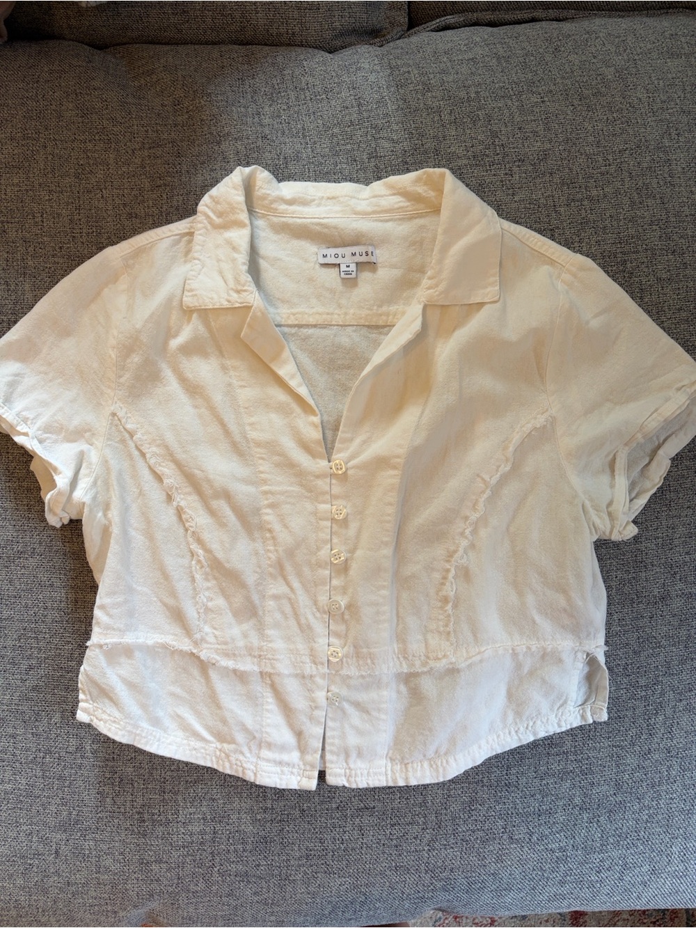 Miou Muse Cream Short-Sleeve Button-Down Crop Shirt